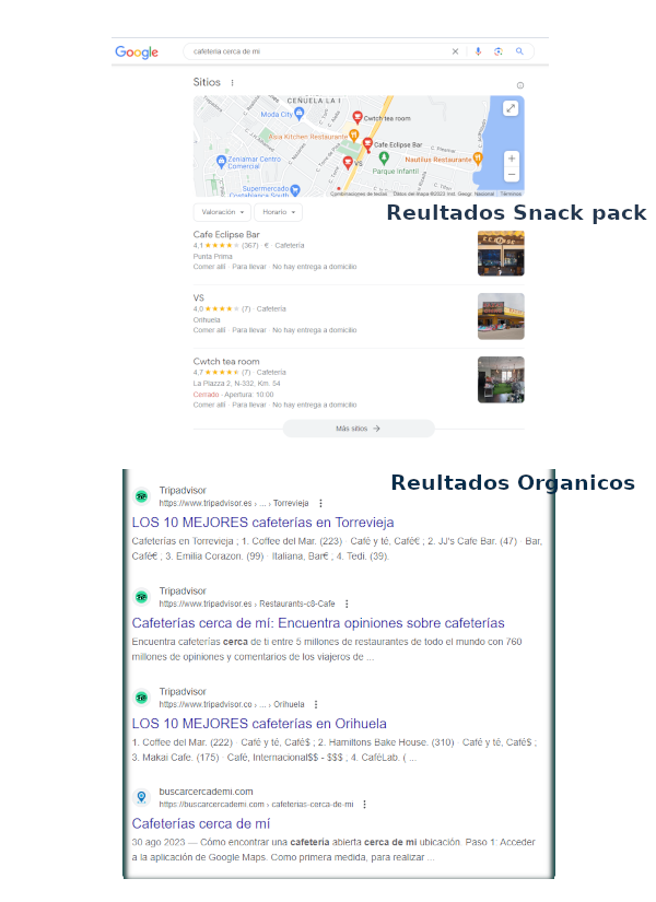 resultados seo local, snack pack vs resultados organicos